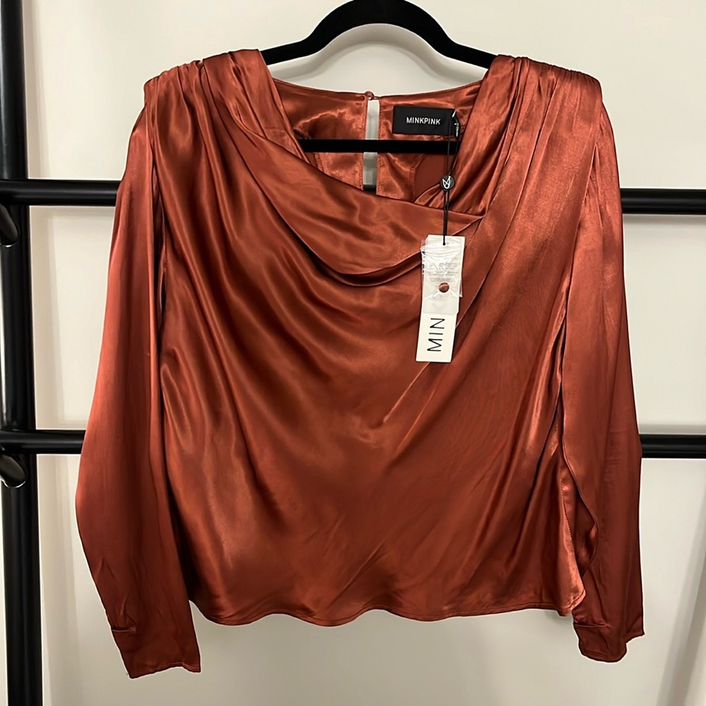 MinkPink copper satin blouse with cowl neck